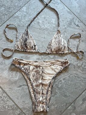 PQ Swim Neutral Python Snake Print Triangle Cheeky Bikini Set, Size Small